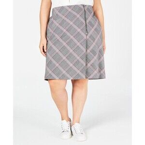 Bar III Women's Front Zip Plaid Skirt Plus Size 22W Gray Red Preppy Glen Check